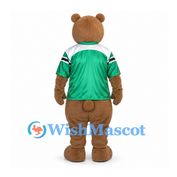 Bear Mascot Costume with Green Sports Jersey and Swirled Belly