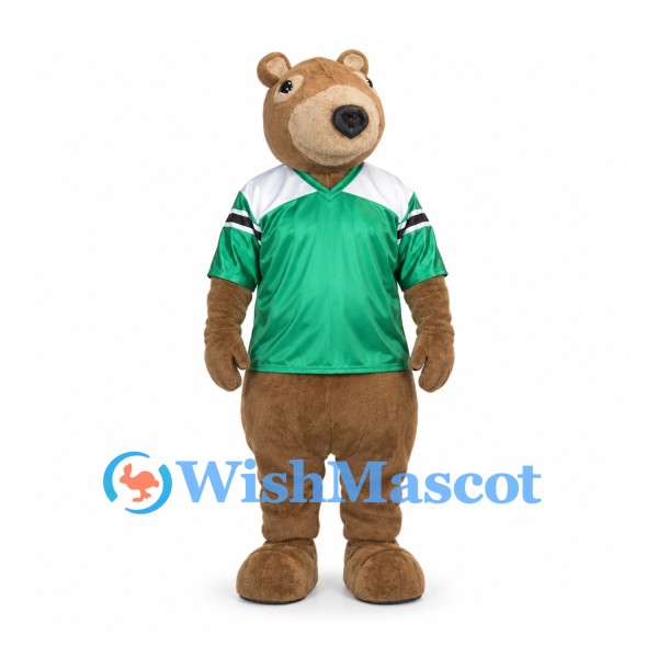 Bear Mascot Costume with Green Sports Jersey and Swirled Belly