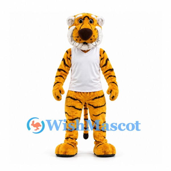 Tiger Mascot Costume with Yellow Stripes and White Shirt