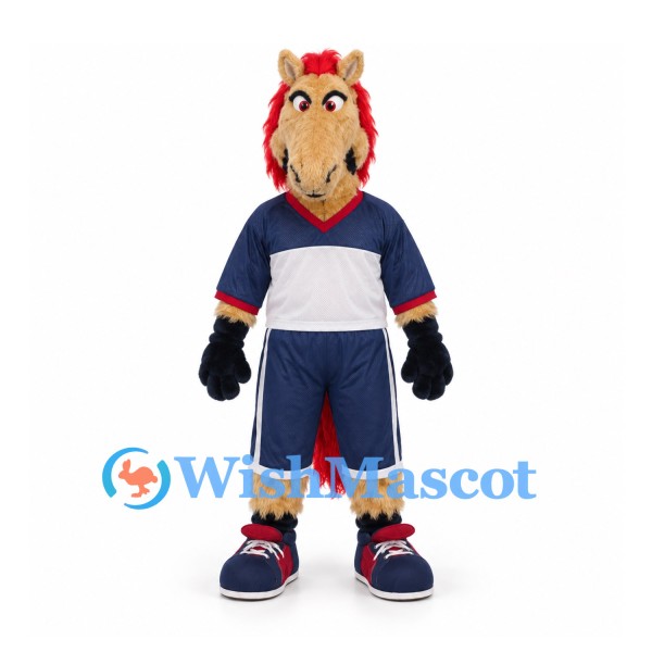 Horse Mascot Costume with Red Mane and Navy White Sports Uniform