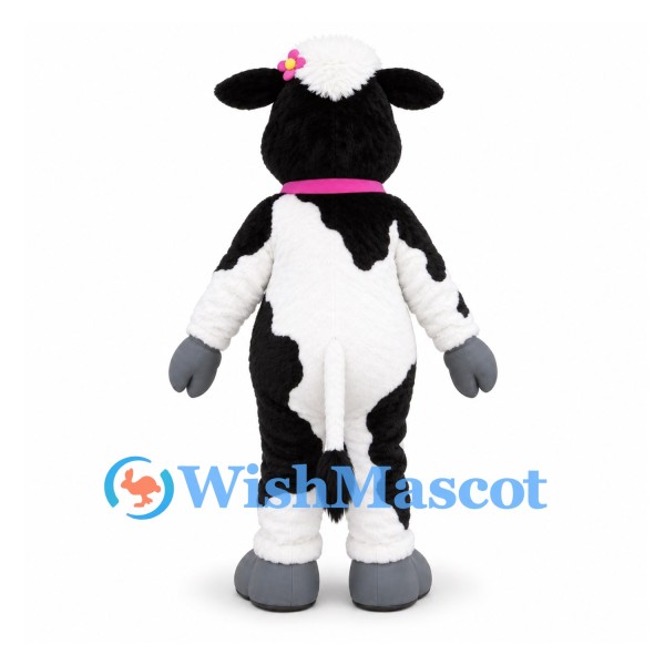 Cow Mascot Costume in Black and White with Pink Collar and Flower