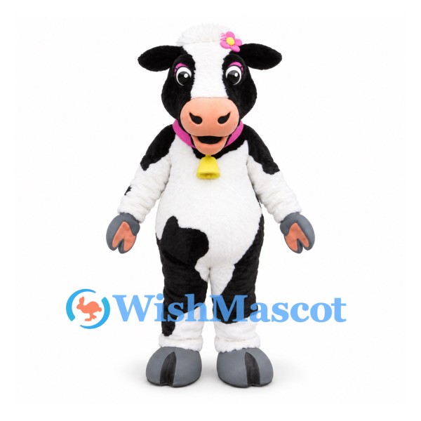 Cow Mascot Costume in Black and White with Pink Collar and Flower