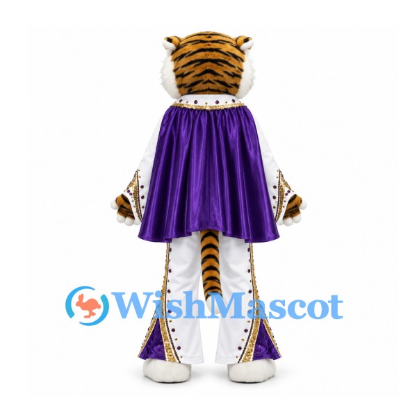 Tiger King Mascot Costume with White Gold Robe and Purple Cape