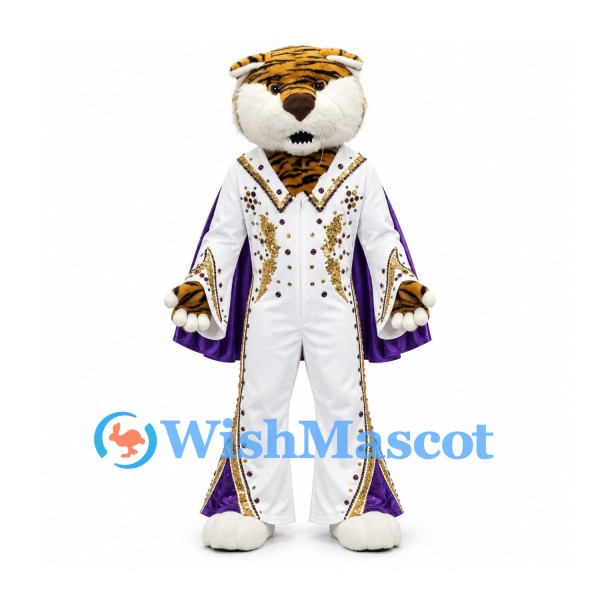 Tiger King Mascot Costume with White Gold Robe and Purple Cape