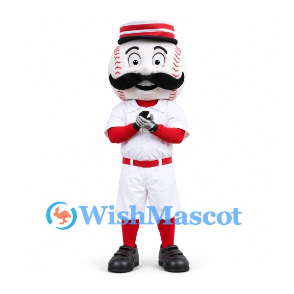 Baseball Character Mascot Costume with Mustache and White Uniform
