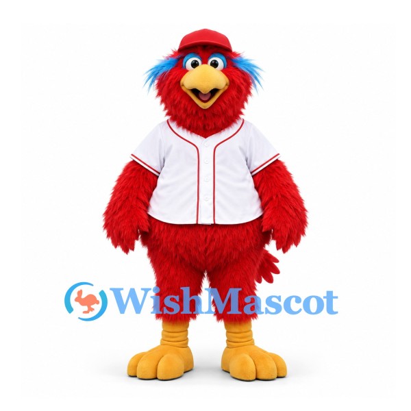 Bird Mascot Costume in Red with White Baseball Jersey