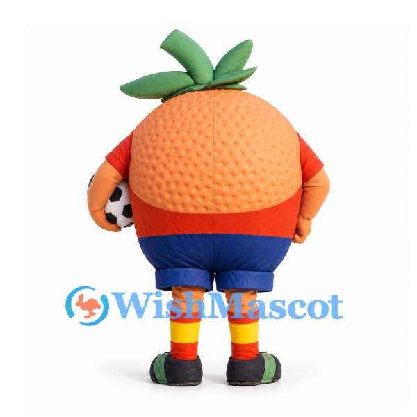 Orange Mascot Costume in Blue Shorts with Soccer Ball