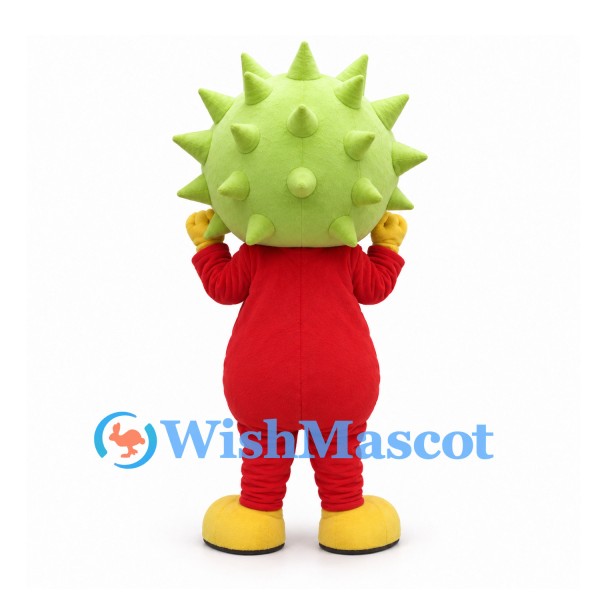 Sun Mascot Costume with Green Spiked Head and Red Body