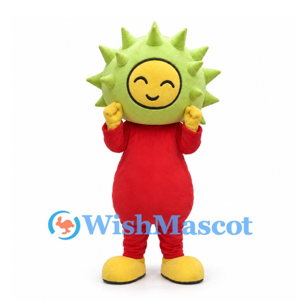 Sun Mascot Costume with Green Spiked Head and Red Body
