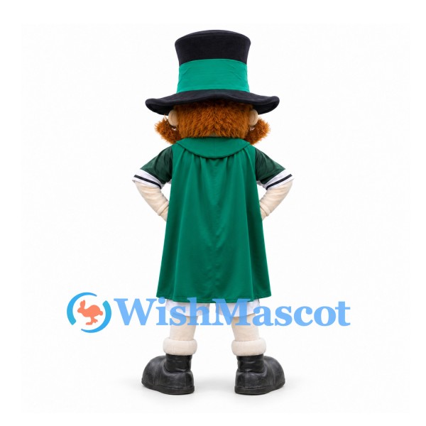 Leprechaun Mascot Costume in Green Cape and Black Top Hat