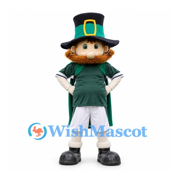 Leprechaun Mascot Costume in Green Cape and Black Top Hat