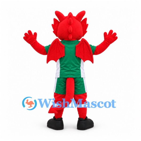 Dragon Mascot Costume in Red with Green Sports Uniform