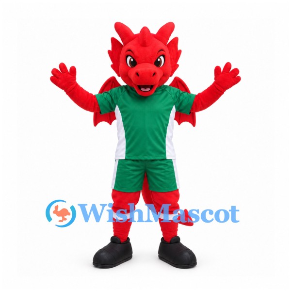 Dragon Mascot Costume in Red with Green Sports Uniform
