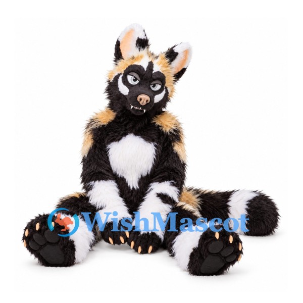 Cat Mascot Costume in Black Tan and White with Long Ringed Tail