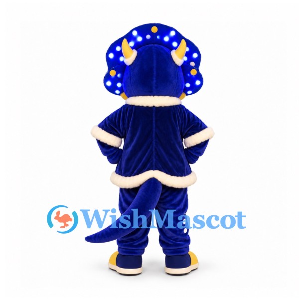 Triceratops Mascot Costume in Blue and Yellow with White Trim Winter Outfit