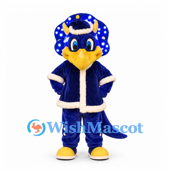 Triceratops Mascot Costume in Blue and Yellow with White Trim Winter Outfit