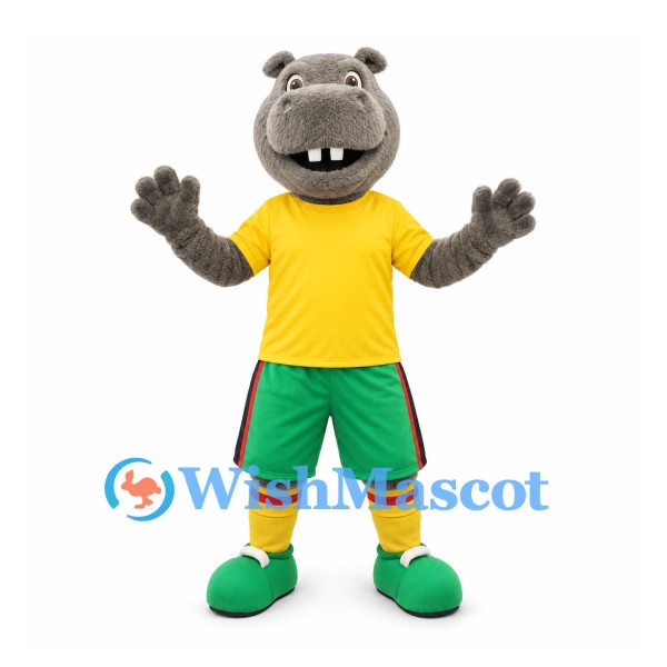 Hippo Mascot Costume in Yellow and Green Sports Uniform