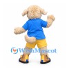 Dog Mascot Costume in Cream with Blue Shirt and Yellow Shorts