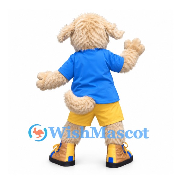 Dog Mascot Costume in Cream with Blue Shirt and Yellow Shorts
