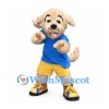 Dog Mascot Costume in Cream with Blue Shirt and Yellow Shorts