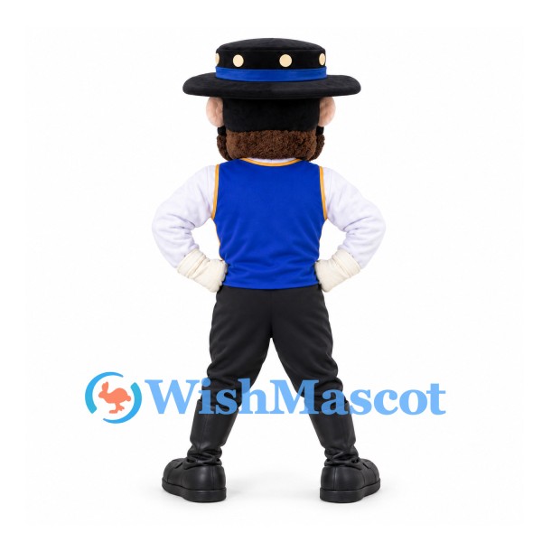 Cowboy Mascot Costume with Mustache Blue Vest and Black Hat
