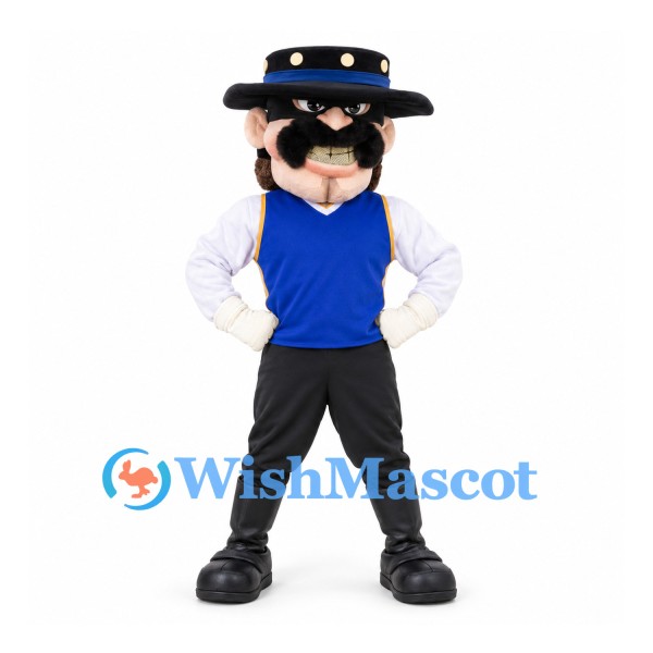 Cowboy Mascot Costume with Mustache Blue Vest and Black Hat