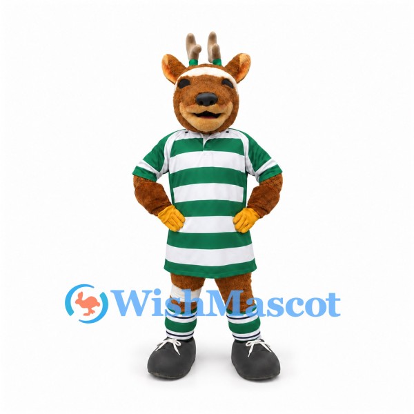 Deer Mascot Costume in Green and White Striped Sports Uniform