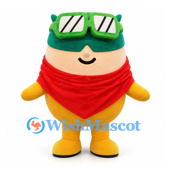 Cartoon Adventurer Mascot Costume in Yellow with Goggles and Red Scarf