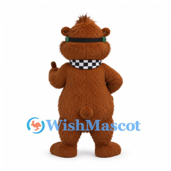 Bear Mascot Costume in Brown with Goggles and Checkered Scarf