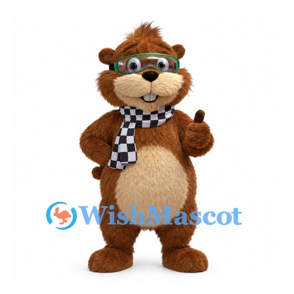 Bear Mascot Costume in Brown with Goggles and Checkered Scarf