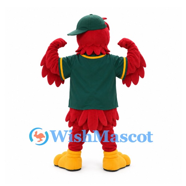 Parrot Mascot Costume in Red with Green Baseball Jersey