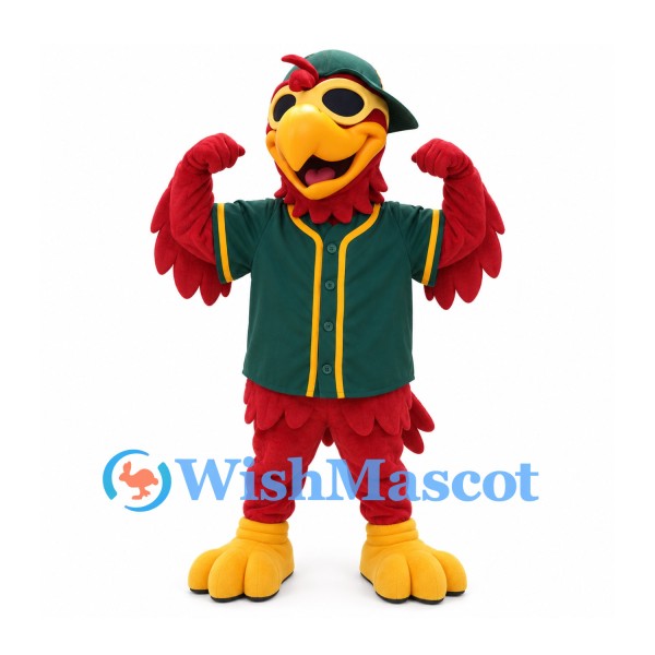 Parrot Mascot Costume in Red with Green Baseball Jersey
