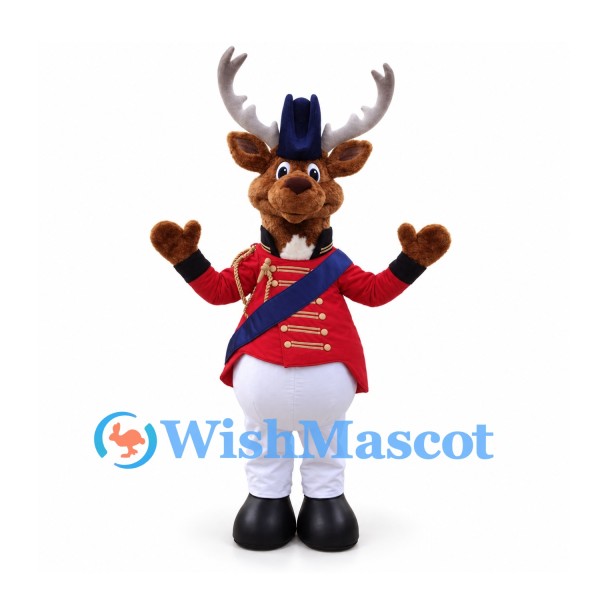 Moose Mascot Costume in Red Military Style Jacket and White Trousers