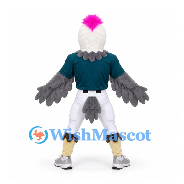 Bird Mascot Costume in Gray with Pink Crest and Teal Sports Shirt