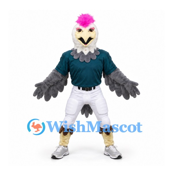 Bird Mascot Costume in Gray with Pink Crest and Teal Sports Shirt