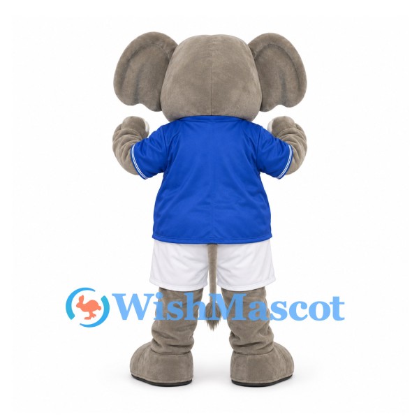 Elephant Mascot Costume in Gray with Blue Shirt and White Shorts