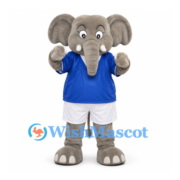 Elephant Mascot Costume in Gray with Blue Shirt and White Shorts