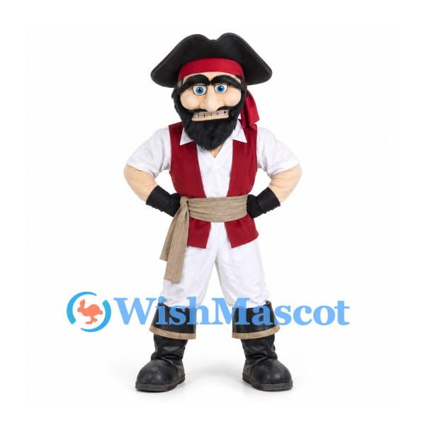 Pirate Mascot Costume with Black Beard Red Vest and Tricorn Hat
