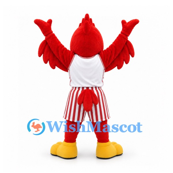 Bird Mascot Costume in Red with White Shirt and Striped Shorts