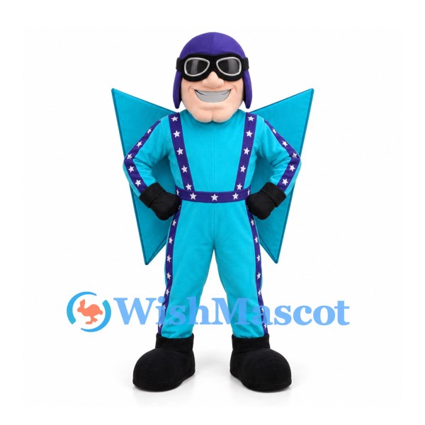 Aviator Mascot Costume in Blue with Goggles and Winged Suit