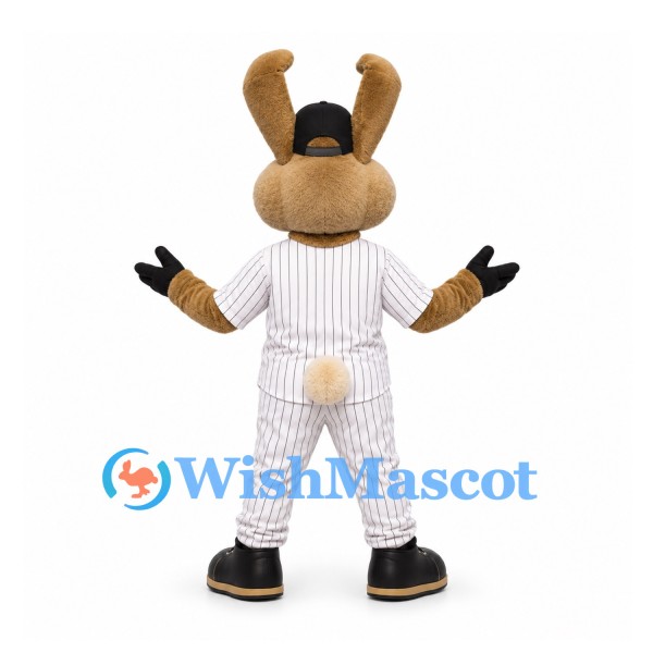 Rabbit Mascot Costume in White Pinstriped Baseball Uniform