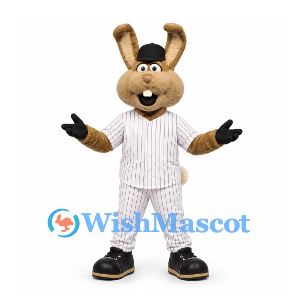 Rabbit Mascot Costume in White Pinstriped Baseball Uniform