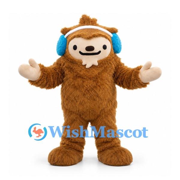 Sloth Mascot Costume in Brown with Blue Earmuffs