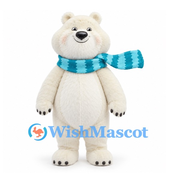 Polar Bear Mascot Costume in White with Blue Striped Scarf