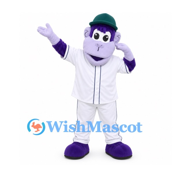 Gorilla Mascot Costume in Purple with White Baseball Uniform