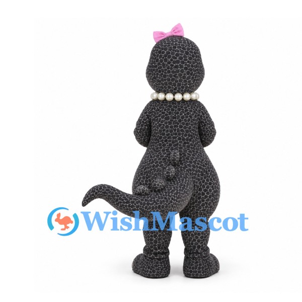 Lizard Mascot Costume in Dark Gray with Pink Bow and Pearl Style Necklace