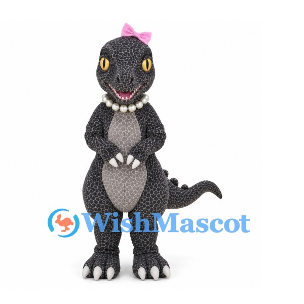 Lizard Mascot Costume in Dark Gray with Pink Bow and Pearl Style Necklace