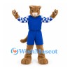 Cougar Mascot Costume in Blue Sports Uniform with Checkered Sleeves