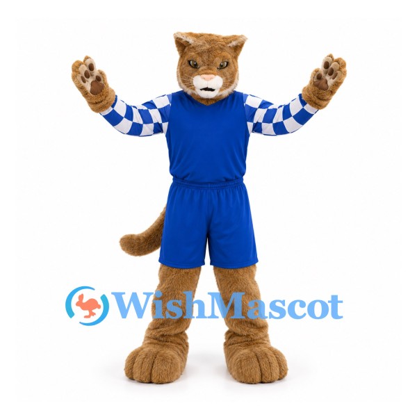 Cougar Mascot Costume in Blue Sports Uniform with Checkered Sleeves