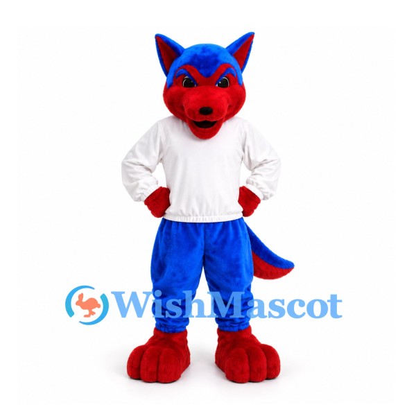 Fox Mascot Costume in Blue and Red with White Shirt